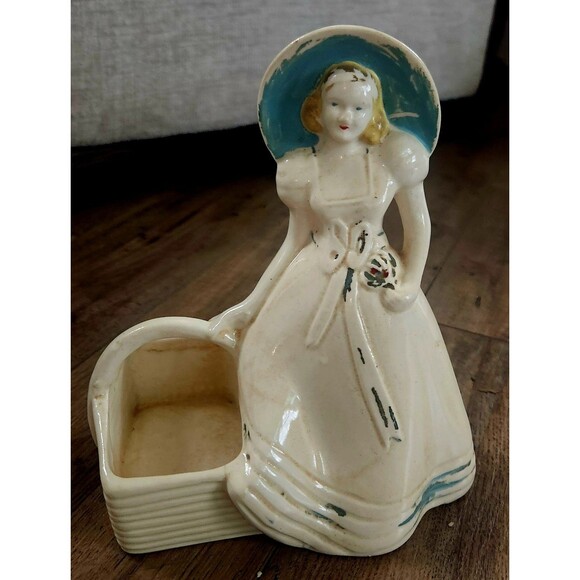 Vtg Brush McCoy Lady With Basket Planter Blue Bonnet 1940 Paint Fade No Chips - Picture 1 of 9